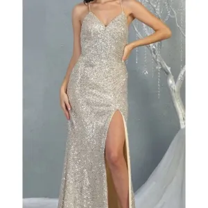 Formal Red black green rose gold sequin fitted sheath long open back  slit gown