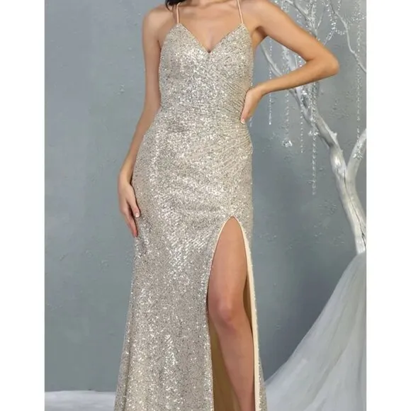 Formal Red black green rose gold sequin fitted sheath long open back  slit gown