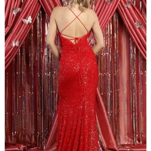 Formal Red black green rose gold sequin fitted sheath long open back  slit gown