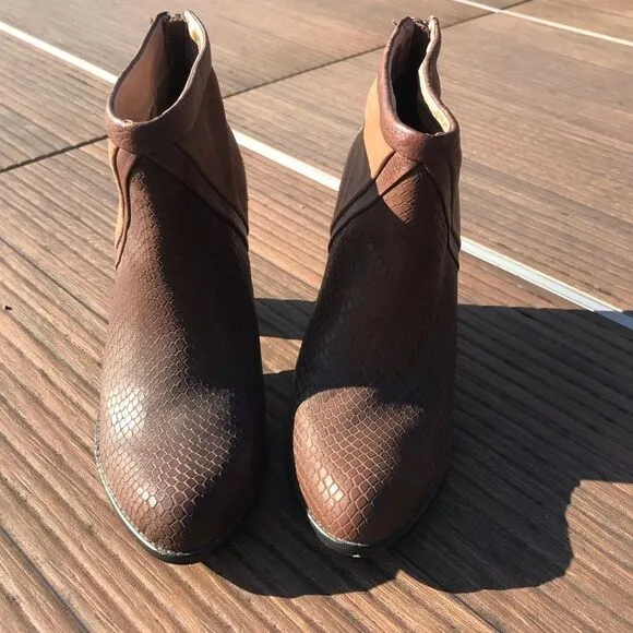 FOSSIL Brown Suede and Leather Snake Embossed Heeled Ankle Boot