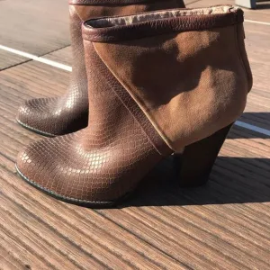 FOSSIL Brown Suede and Leather Snake Embossed Heeled Ankle Boot
