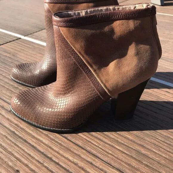 FOSSIL Brown Suede and Leather Snake Embossed Heeled Ankle Boot