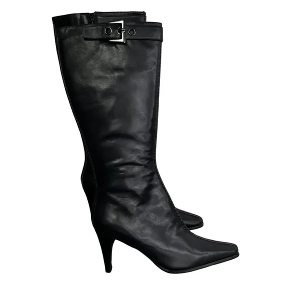 Franco Sarto Black Leather Boots size 8.5 Pointed Toe High Heel Zip Buckle NWOT