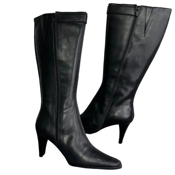 Franco Sarto Black Leather Boots size 8.5 Pointed Toe High Heel Zip Buckle NWOT