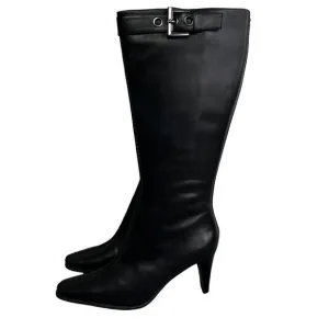 Franco Sarto Black Leather Boots size 8.5 Pointed Toe High Heel Zip Buckle NWOT