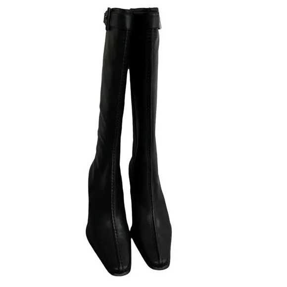 Franco Sarto Black Leather Boots size 8.5 Pointed Toe High Heel Zip Buckle NWOT