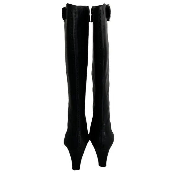 Franco Sarto Black Leather Boots size 8.5 Pointed Toe High Heel Zip Buckle NWOT