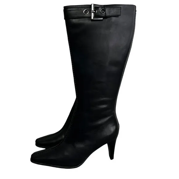 Franco Sarto Black Leather Boots size 8.5 Pointed Toe High Heel Zip Buckle NWOT