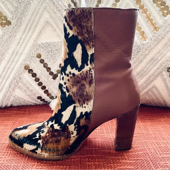 Free People Baroness Calf Hair Leather Leopard Print Booties in Brown 37 EUC
