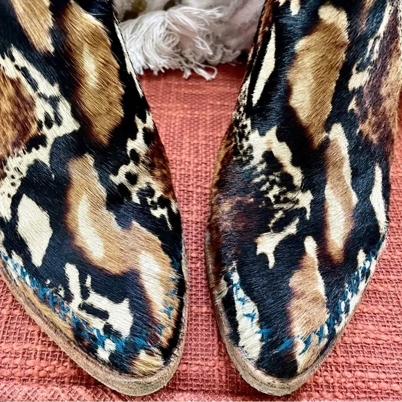 Free People Baroness Calf Hair Leather Leopard Print Booties in Brown 37 EUC