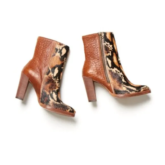 Free People Baroness Calf Hair Leather Leopard Print Booties in Brown 37 EUC