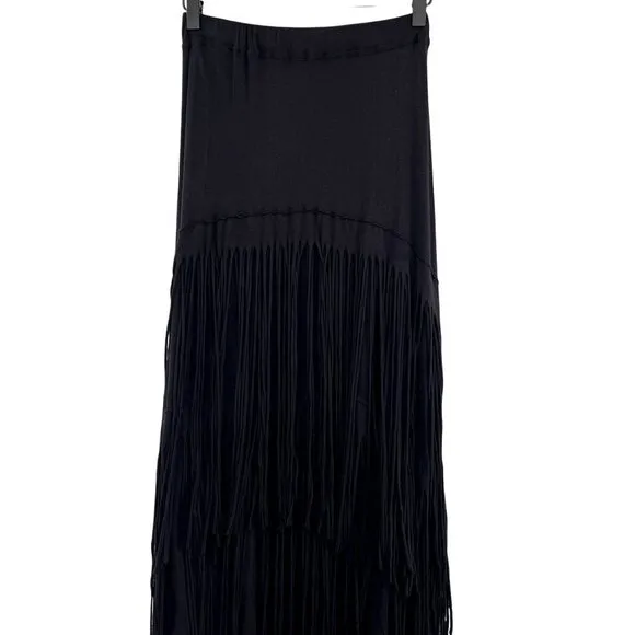 Free People Beach Fringe Tiered Maxi Skirt Black Western FP Small Long