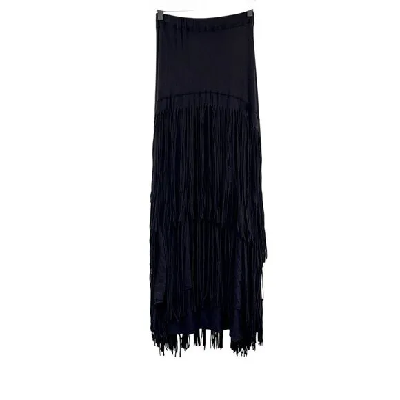 Free People Beach Fringe Tiered Maxi Skirt Black Western FP Small Long