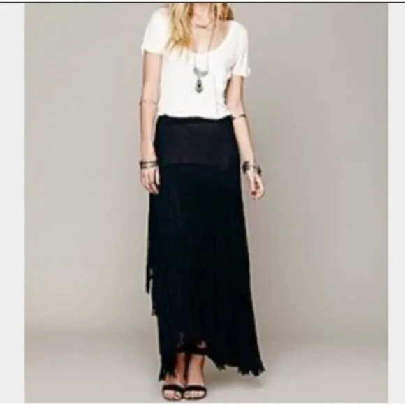 Free People Beach Fringe Tiered Maxi Skirt Black Western FP Small Long