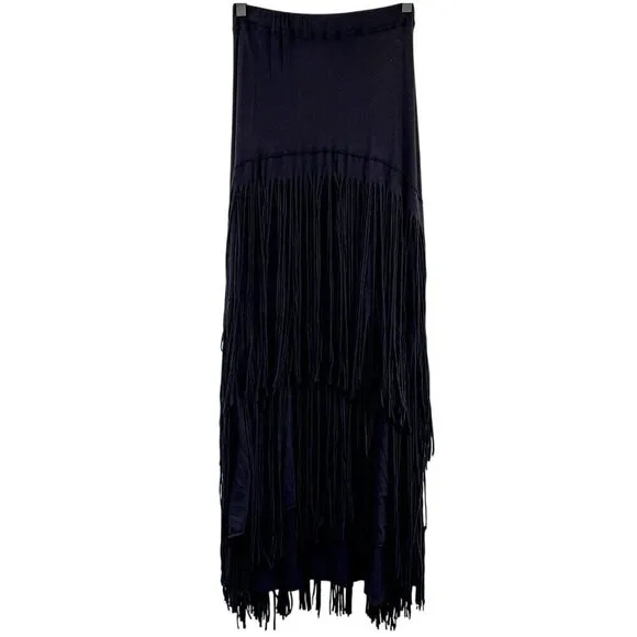 Free People Beach Fringe Tiered Maxi Skirt Black Western FP Small Long