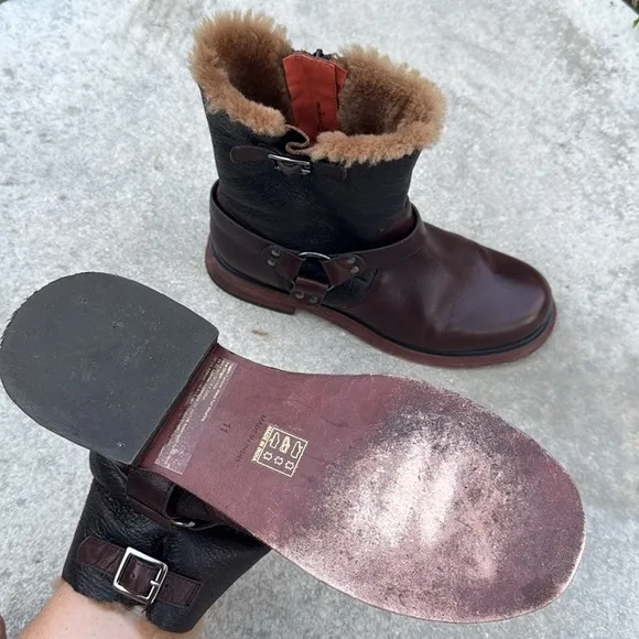 Free People Brown Combat Boots with Fuzzy Lining and Buckle Detail