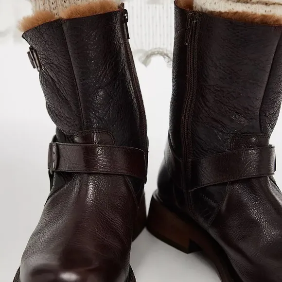Free People Brown Combat Boots with Fuzzy Lining and Buckle Detail