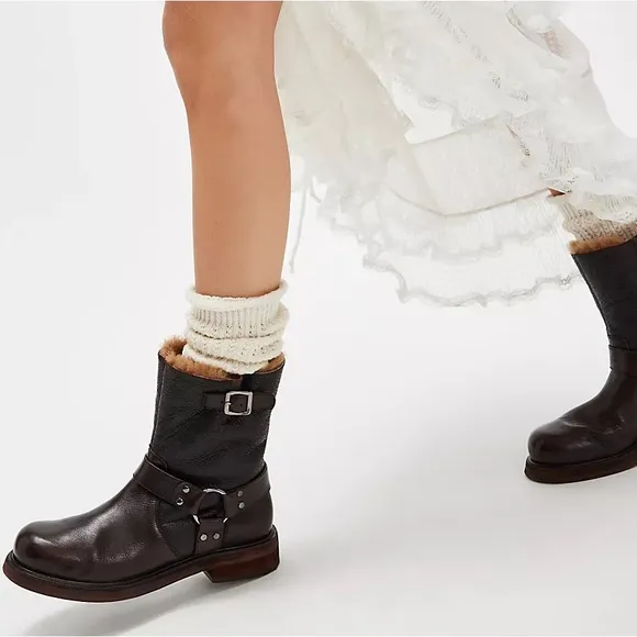 Free People Brown Combat Boots with Fuzzy Lining and Buckle Detail