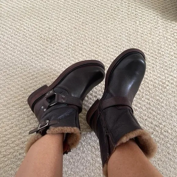 Free People Brown Combat Boots with Fuzzy Lining and Buckle Detail