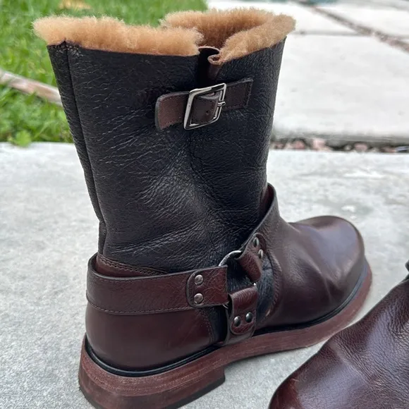 Free People Brown Combat Boots with Fuzzy Lining and Buckle Detail