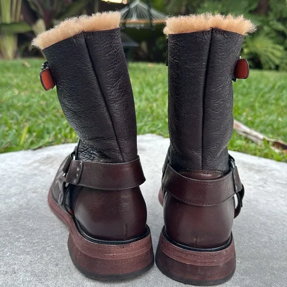 Free People Brown Combat Boots with Fuzzy Lining and Buckle Detail