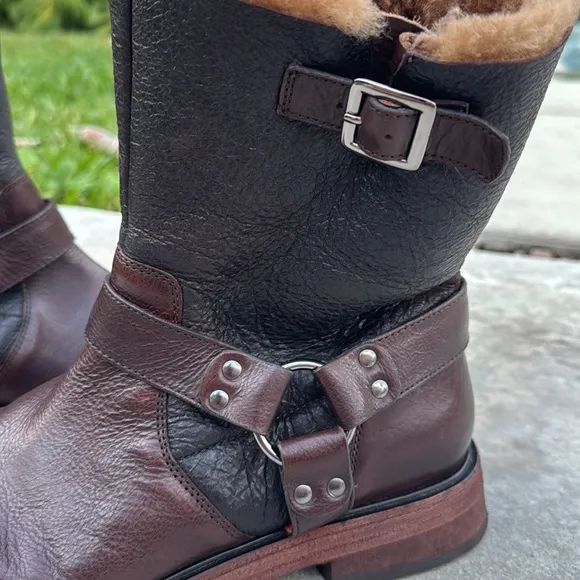 Free People Brown Combat Boots with Fuzzy Lining and Buckle Detail