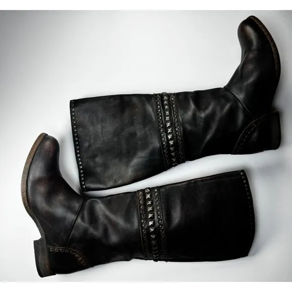 Free People Brown Leather Boots Womens EU 37  Tall Studded Portugal Decorative