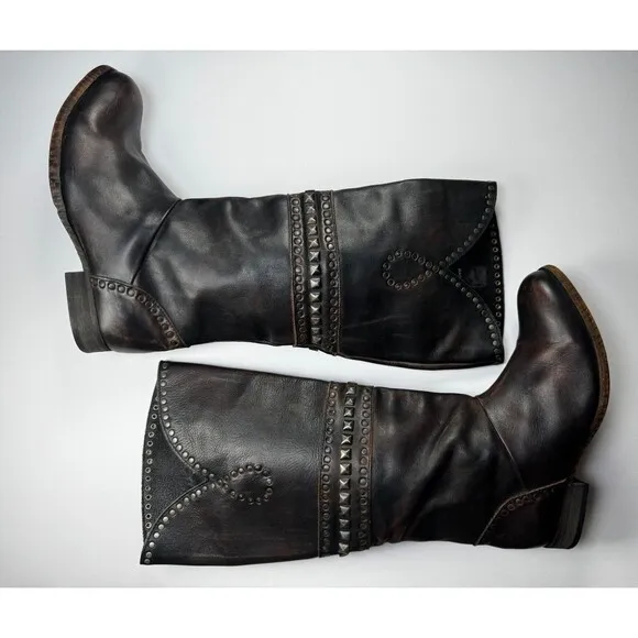 Free People Brown Leather Boots Womens EU 37  Tall Studded Portugal Decorative