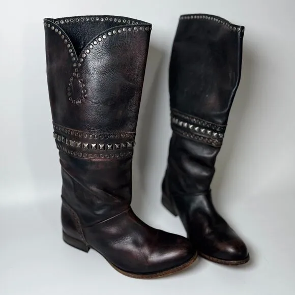 Free People Brown Leather Boots Womens EU 37  Tall Studded Portugal Decorative