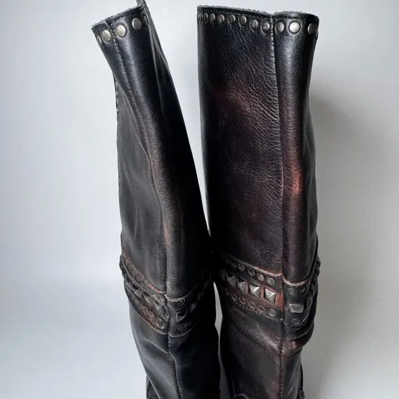 Free People Brown Leather Boots Womens EU 37  Tall Studded Portugal Decorative