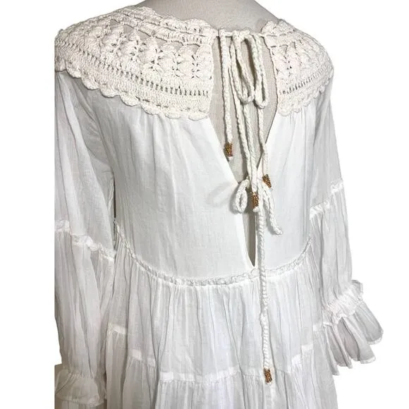 Free People Crochet Boat Neck Long Sleeve Tiered Flowy Boho Dress White Small