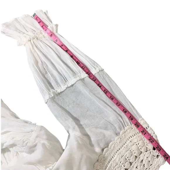 Free People Crochet Boat Neck Long Sleeve Tiered Flowy Boho Dress White Small
