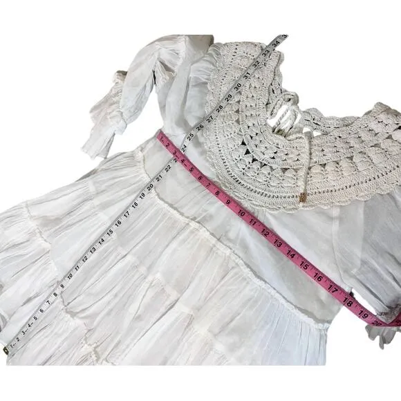 Free People Crochet Boat Neck Long Sleeve Tiered Flowy Boho Dress White Small