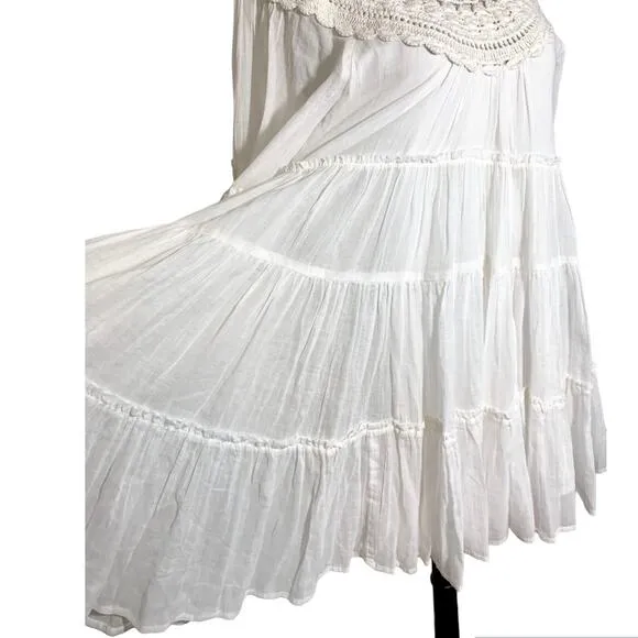 Free People Crochet Boat Neck Long Sleeve Tiered Flowy Boho Dress White Small