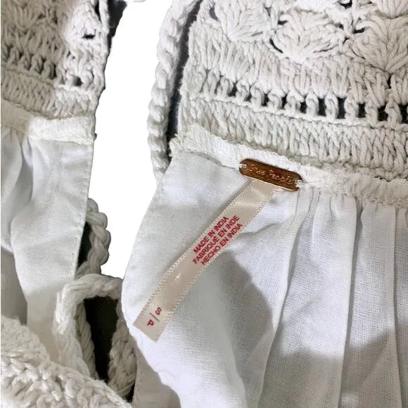 Free People Crochet Boat Neck Long Sleeve Tiered Flowy Boho Dress White Small