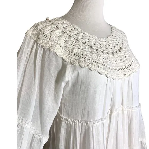 Free People Crochet Boat Neck Long Sleeve Tiered Flowy Boho Dress White Small