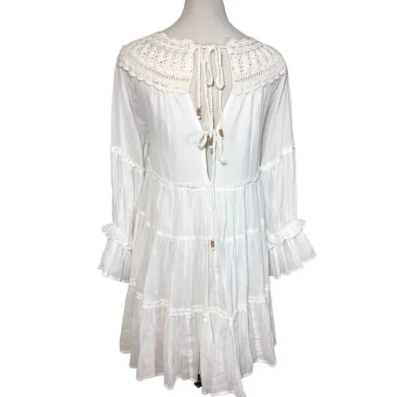 Free People Crochet Boat Neck Long Sleeve Tiered Flowy Boho Dress White Small