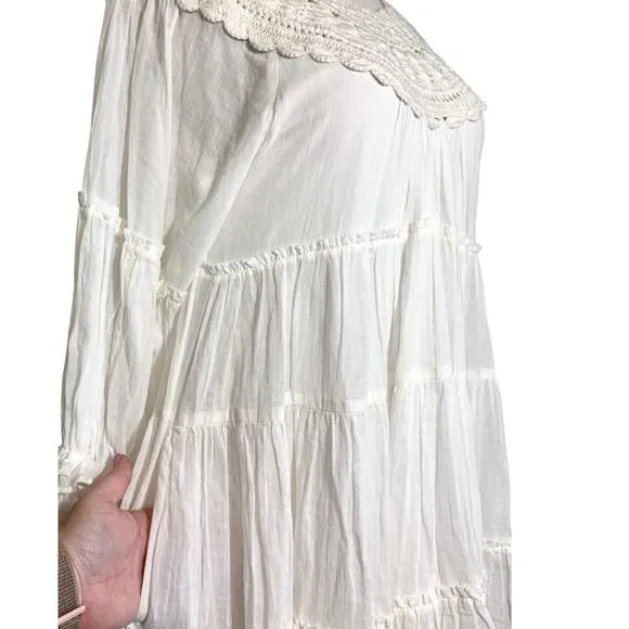 Free People Crochet Boat Neck Long Sleeve Tiered Flowy Boho Dress White Small