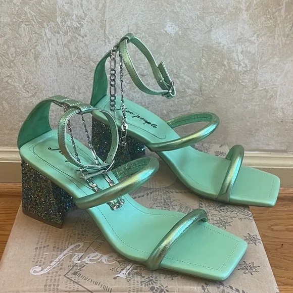 Free People Parker Silver Chain Heels Green Lime Metallic Sz 39