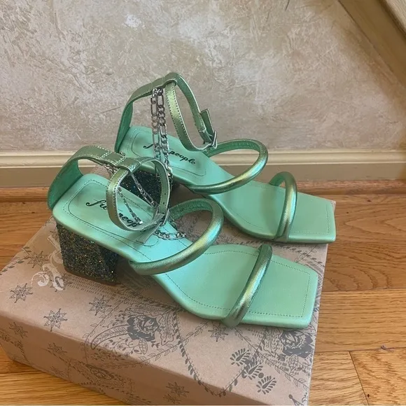 Free People Parker Silver Chain Heels Green Lime Metallic Sz 39