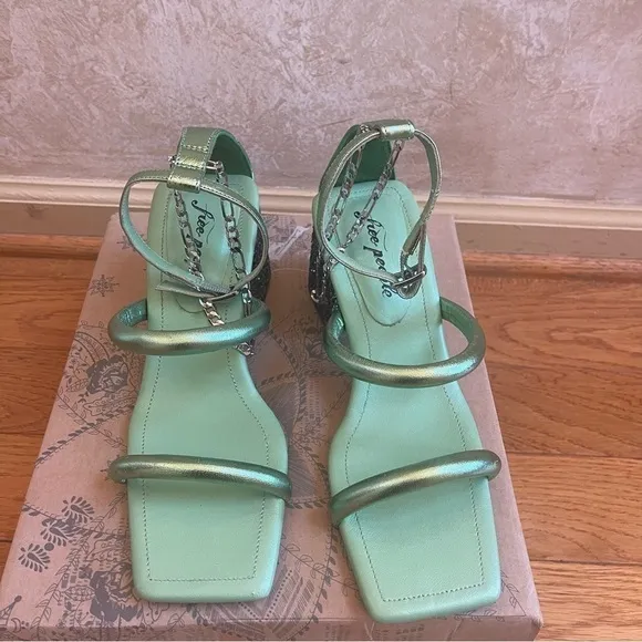 Free People Parker Silver Chain Heels Green Lime Metallic Sz 39