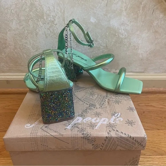 Free People Parker Silver Chain Heels Green Lime Metallic Sz 39