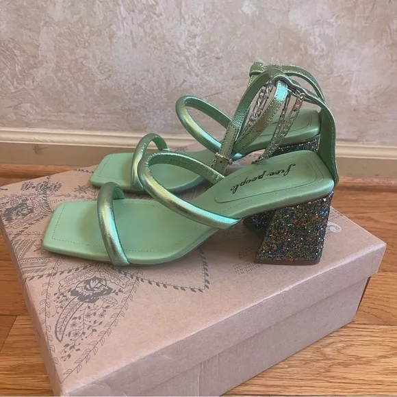 Free People Parker Silver Chain Heels Green Lime Metallic Sz 39