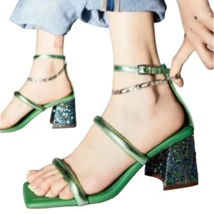 Free People Parker Silver Chain Heels Green Lime Metallic Sz 39