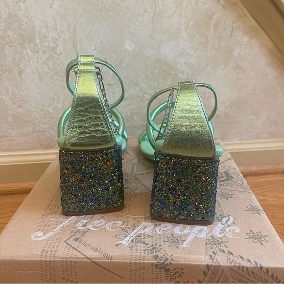 Free People Parker Silver Chain Heels Green Lime Metallic Sz 39