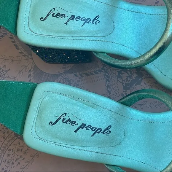 Free People Parker Silver Chain Heels Green Lime Metallic Sz 39