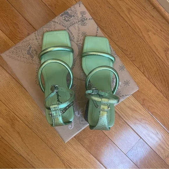 Free People Parker Silver Chain Heels Green Lime Metallic Sz 39
