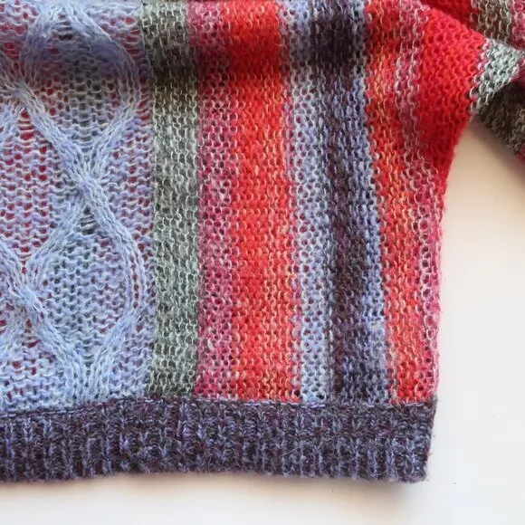 Free People Red Blue Wool Mohair Alpaca Cable Open Knit Long Sleeve Sweater XS