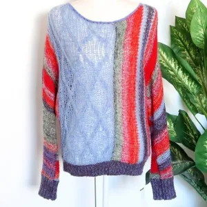 Free People Red Blue Wool Mohair Alpaca Cable Open Knit Long Sleeve Sweater XS