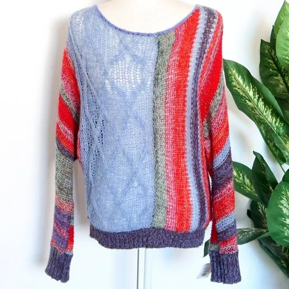 Free People Red Blue Wool Mohair Alpaca Cable Open Knit Long Sleeve Sweater XS